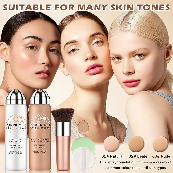 Magic Minerals Airbrush Foundation and Makeup Primer for Face,Full Coverage Foundation for Mature Skin,Moisturizing Airbrush Makeup (02 Beige)