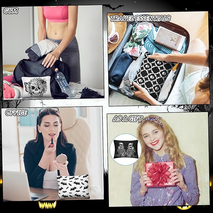 Kajaia 12 Pcs Gothic Skeleton Makeup Bags Cute Portable Travel Purse Toiletry Pocket Make up Organizer Storage Zipper Pouch Makeup Brush Cosmetic Bags for Women Adult Aesthetic Stuff