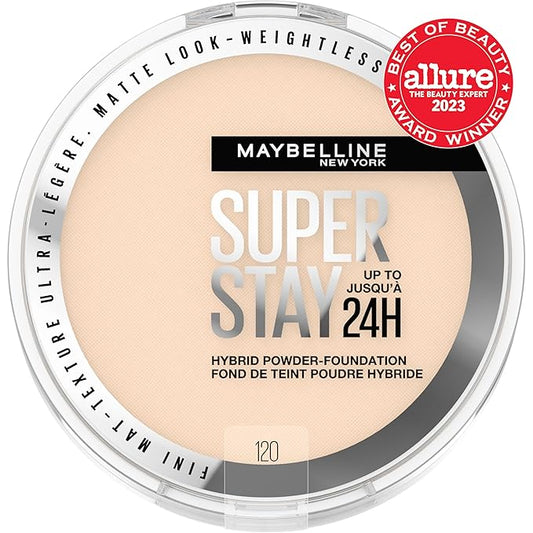Maybelline Super Stay Up to 24HR Hybrid Powder-Foundation, Medium-to-Full Coverage Makeup, Matte Finish, 120, 1 Count