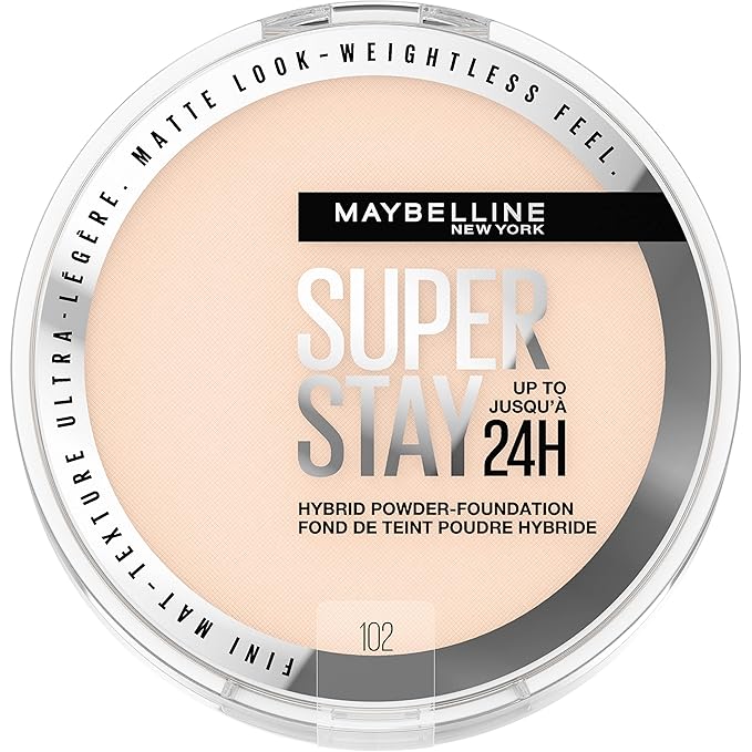 Maybelline Super Stay Up to 24HR Hybrid Powder-Foundation, Medium-to-Full Coverage Makeup, Matte Finish, 102, 1 Count