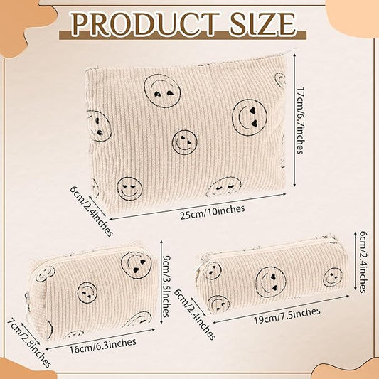3 Pcs Makeup Bag Set for Women Corduroy Cosmetic Pouch Aesthetic Smile Travel Toiletry Bag Cute Purse Pouch Pencil Case Makeup Brushes Storage Organizer for Christmas(Beige,Smile Face)