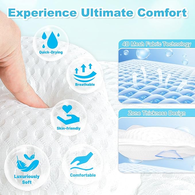 Bath Pillows for Tub, Bath Tub Pillow for Support Neck/Back/Shoulder, 6 Non-Slip Suction Cups & Hook & Soft 4D Air Mesh Fabric - Fits All Bathtubs Shapes