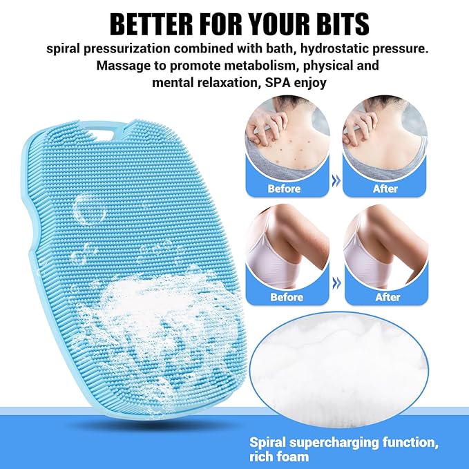 Silicone Body Scrubber - Zinc Infused-Highly Elastic Bristles Exfoliating Body Scrubber for Shower Body,Cellulite Reduction,Blood Circulation - Azure