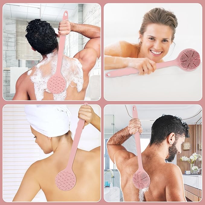 OWIIZI Extremely Soft Silicone Back Brush for Shower with Rich Lather, Reversible Body Bath Brushes Scrubber with Long Handle Skin Exfoliator for Women Elderly Wet Use
