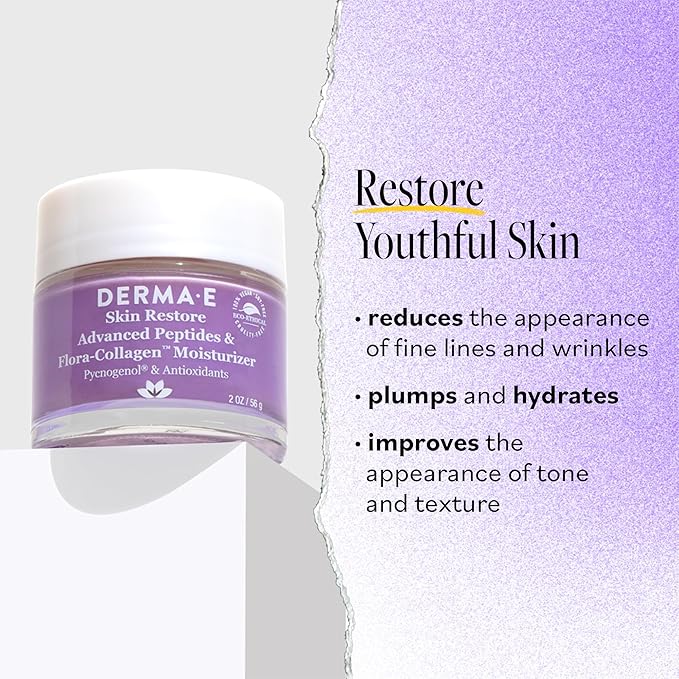 DERMA-E Advanced Peptides and Vegan Flora-Collagen Moisturizer β Double Action Collagen Face Cream with Peptide Complex β Intensely Hydrating Face Moisturizer for Lines, Wrinkles and Redness, 2 Oz