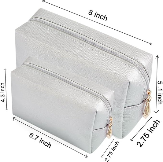 2pcs set PU Leather Cosmetic Bag for Women Minimalism Makeup Bag for Daily Use Portable Storage Purse Small Neat Cosmetic Pouch Water-resistant Toiletry Bag for Travel (Silver)