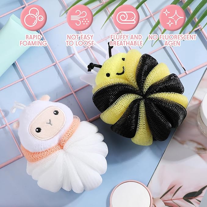 Nuenen 2 Pcs Bath Loofahs Kids Toddler Cute Cartoon Bath Sponges Loofah Pouf Body Scrubber Mesh Sponges for Children Shower Washing Exfoliating (Sheep, Bee)