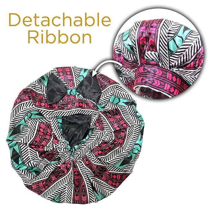 DONNA Jumbo Bow Ribbon Bonnet 1pc Satin Bonnet for Sleeping Removable Reversible Bow Ribbon for Women with Curly Hair, Crochet Hairstyles Silk Hair Accessories Shower Cap Aztec Pattern
