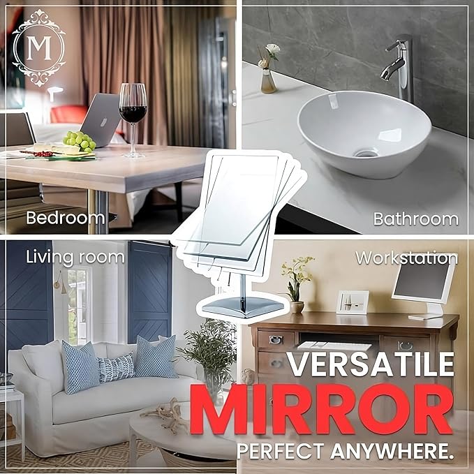 MIRRORVANA Large Table Desk Mirror with Stand for Office Desktop, Makeup Vanity and Bathroom Countertop - Personal Adjustable Face Mirror - 9.8" x 7"