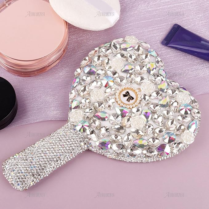 AUEAR, Rhinestone Handheld Mirror Bling Glitter Cosmetic Dazzling Portable Hand Mirrors with Handle for Women White Love Heart