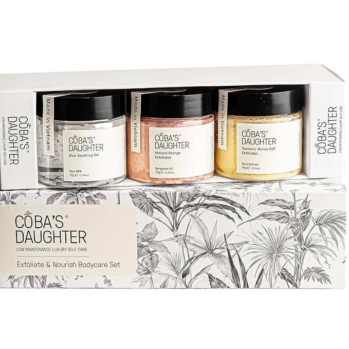 COBA'S DAUGHTER Women Gift Set β 3-Piece Body Care Spa Kit with Honey Turmeric Scrub, Almond Orange Scrub & Aloe Vera Gel β Self-Care Gift Box, Spa Gift Basket, Travel Size Beauty Set