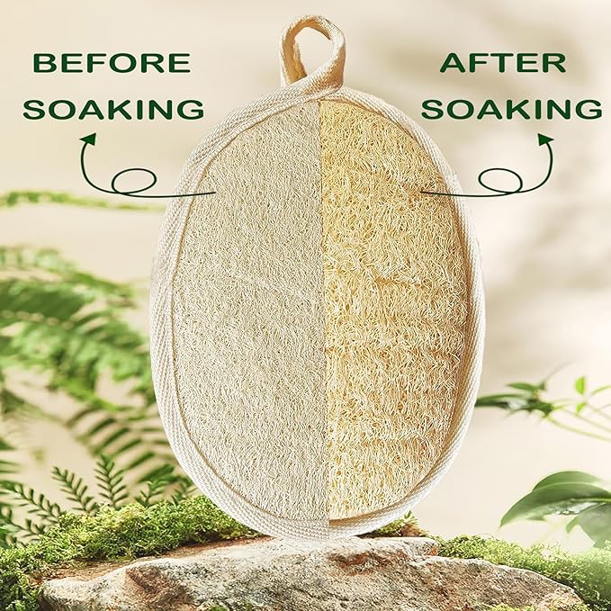 (3 PCS) Natural Loofah Sponge Exfoliating Body Scrubber,Made with Eco-Friendly and Biodegradable Shower Luffa Sponge, Loofah for Women and Men,with Rust-Proof Hook, Beige,11x16cm