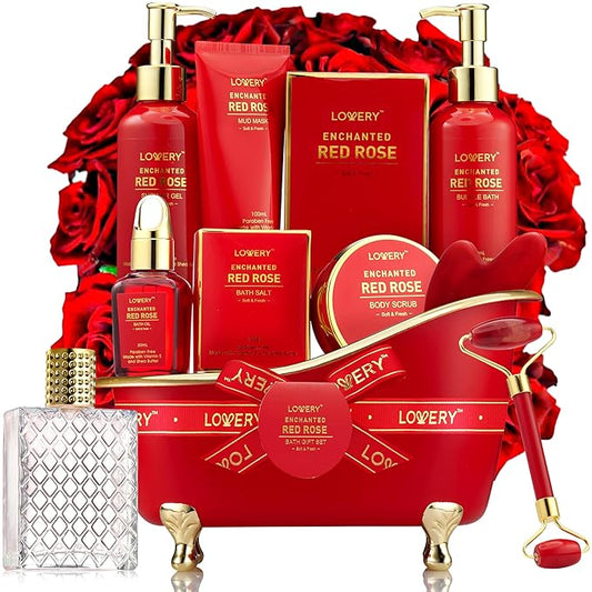 Christmas Gifts, Spa Gifts for Women, Bath and Body Gift Set, Red Rose Gift Basket Relaxation, Pampering, Thank You, Birthday Gifts for Mom Her with Perfume, Jade Roller, Quartz Gua Sha Stone & More