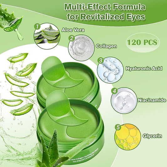 Aloe Vera Eye Gel Patches 2 Pack 120 PCS, Soothing & Hydrating, Reducing Dark Circles and Puffiness, Collagen-Infused Eye Mask, Refreshing & Rejuvenating, Suitable for Both Men and Women