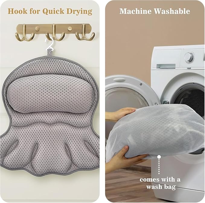 Bath Pillow Luxury Bathtub Pillow, Extra Soft & Comfortable Bath Pillow for Tub Head Neck and Back Support, with 4D Air Mesh Cushions & Non-Slip Suction Cups - Great Bath Gifts (Gray)