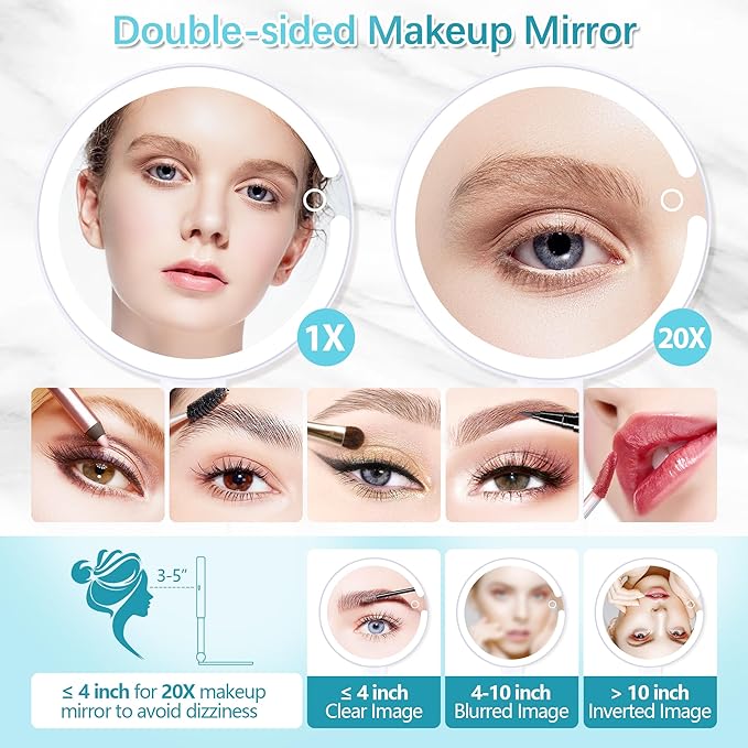 Makeup mirror with lights, 20X magnifying mirror with light and Adjustable Brightness,vanity mirror with lights and 3 Colors, 2-Sided travel mirror with light, Tabletop Mirror for Home and Outside