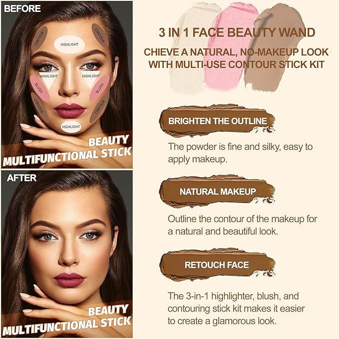 Lezero 3Pcs Contour Stick Makeup Kit, Shades with Highlighter, Blush and Bronzer Trio for Sculpt the Cheeks and Body, Longwear, Waterproof, Matte Finish Series, #2 LIGHT FAIR (16,19,22)