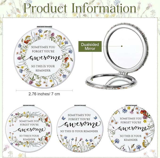 Geetery Inspirational Compact Mirror Gifts for Women Bulk Small Flower Makeup Pocket with Card Bag Double Sided Folding Mirror for Purse CNA Week Wedding Return Bridal Shower, 4 Styles(12 Sets)
