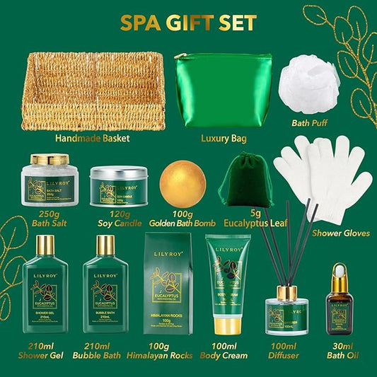 Christmas Gift Basket for Women and Men- 15-Piece Premium Eucalyptus Bath Gift Set - Spa Kit with Shower Gel Ideal for Birthday, Mothers Day, Fatherโs Day, Perfect for Holidays & Self Care