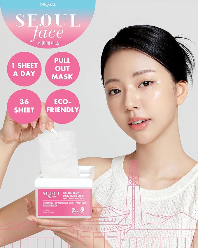 DERMAL Seoul Face Ceramide 3X Daily Quick Mask 36 Sheet β Korean Skincare Vegan Tencel Facial Masks - Intensive Moisturizing, Elasticity Mask Sheets with Hyaluronic Acid, Panthenol, Adenosine