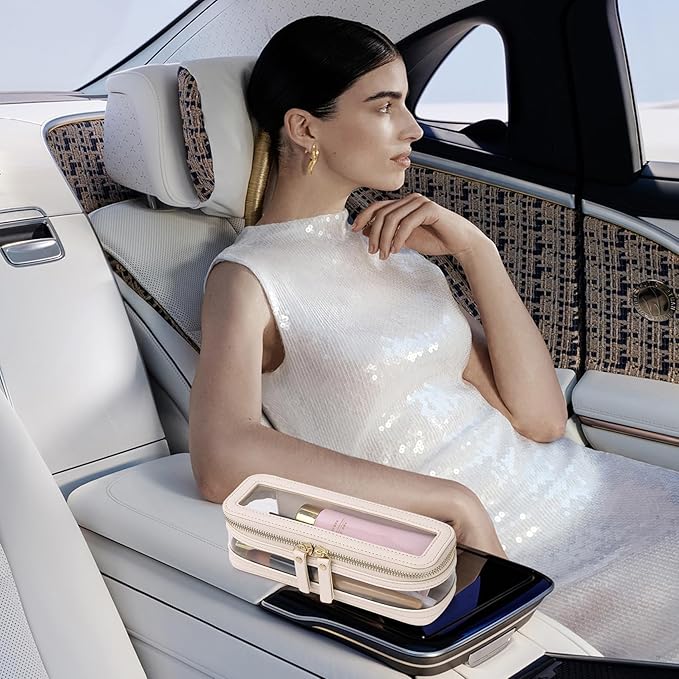 Makeup Brush Case Clear Travel Cosmetic & Toiletry Bag Slim Makeup Bag with Zipper Small Purse Organizer Car Essential Bag for Women (Beige, SLIM-1)