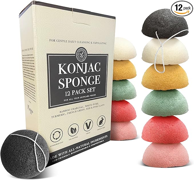 Bare Essentials Living - Konjac Sponges Set (12 Pack) with Activated Bamboo Charcoal Facial Sponge, Natural, Great for Facials, Bath, and Exfoliating Body Sponge