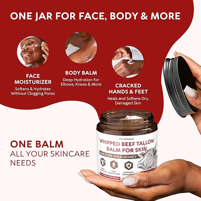 Beef Tallow for Skin – Whipped Tallow and Honey Balm with Grass-Fed Beef Tallow – Organic Daily Tallow Face Moisturizer & Body Balm – Deep Nourishment for Dry, Cracked, Sensitive Skin - 4.3 OZ