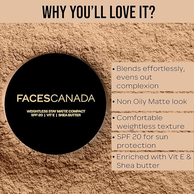 Weightless Matte Finish Compact Powder - Natural | Non Oily Pressed Powder | Easy Blendable & Lightweight | Sun Protection with Vitamin E | 0.32 Oz/9g