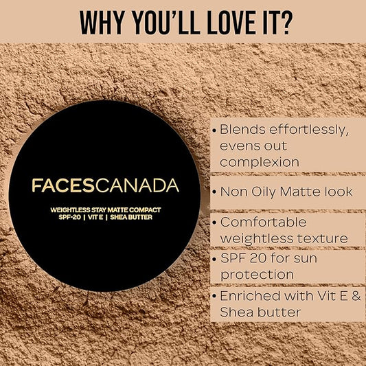 Weightless Matte Finish Compact Powder - Natural | Non Oily Pressed Powder | Easy Blendable & Lightweight | Sun Protection with Vitamin E | 0.32 Oz/9g