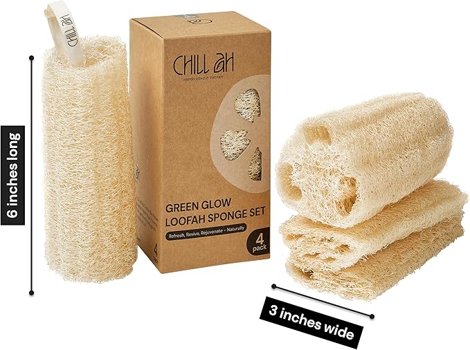 Chill Ah Natural Loofah Sponge Set β 100% Plant-Based, Dye-Free, Biodegradable Bath Exfoliator for Glowing Skin β Handcrafted in Vietnam (4-Pack)