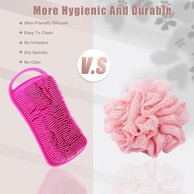 VOCOSTE Silicone Body Scrubber, 2 in 1 Body Brush Hair Scalp Massager, Body Scrubbers for Use in Shower, Exfoliating Body Scrubber for All Skin Type, Rose Red