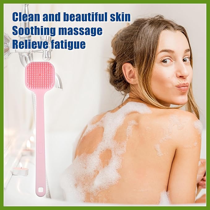 Soft Silicone Bath Brush, Non-Slip Back Scrubber Shower with Long Handle for Men and Women, Pink Beauty