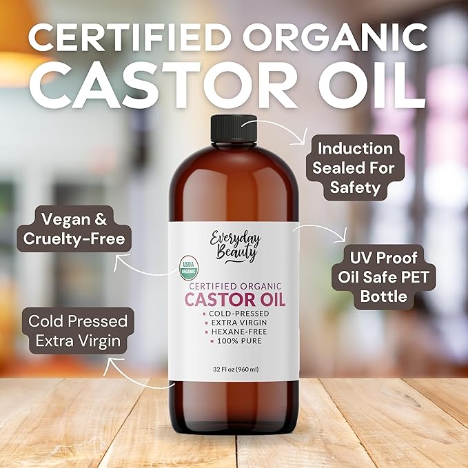 Organic Castor Oil - 100% Pure Certified USDA Organic, Cold Pressed & Hexane-Free, For Eyelashes, Eyebrows, Hair, Skin & Wellness Packs - 32 Fl Oz