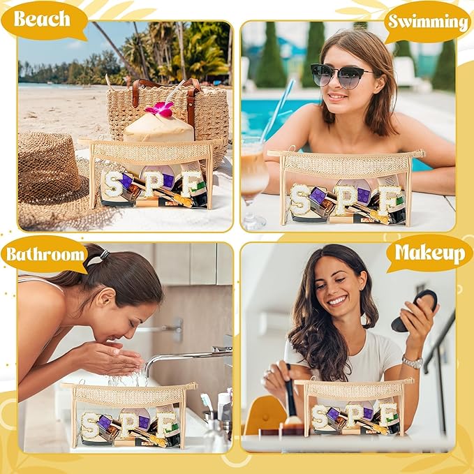 Boho Patch Cosmetic Bag - Summer Gifts SPF Chenille Varsity Letter Toiletry Kit Beige Clear Waterproof Travel Makeup Bag PVC Zipper Clutch Daily Use Purse for Women Girls