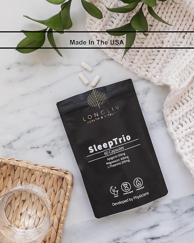 Sleep Trio - Made in USA Magnesium Apigenin L-Theanine Capsules β Premium 3-in-1 Cocktail for Sleep Management - Sleep Cocktail β Without Melatonin - 60 Capsules