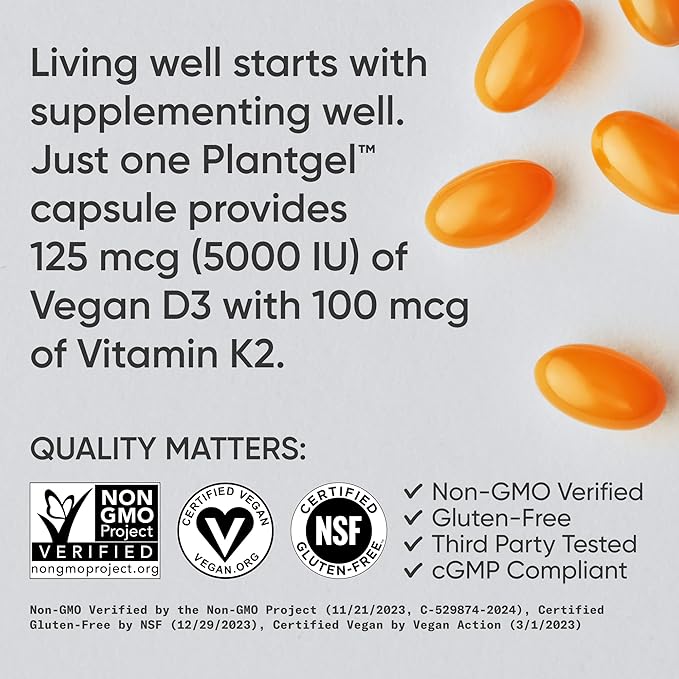 Sports Researchยฎ Vitamin D3 + K2 w/ Coconut Oil - Vegan Vitamin D 5000iu & Mk7 Vitamin K 100mcg for Bone & Immune Support - Vegan Certified ยท Non-GMO ยท Soy Free - 60 Softgels