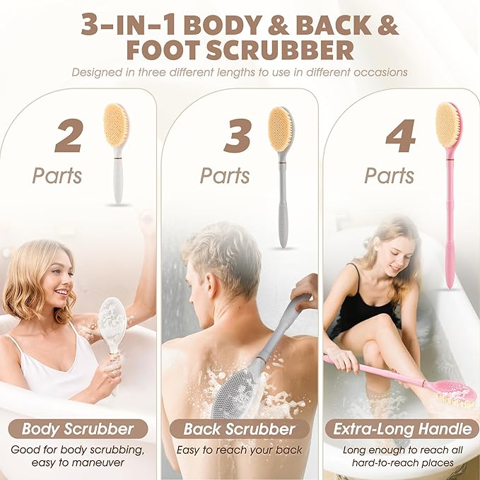 New Back Scrubber Anti-Slip for Shower, 18.9‘’ Corn-Handle Shower Back Scrubber with Dual-Side Head & Soft Bristles, Adjustable Shower Brush Bath Brush for Lathering & Cleansing(Gray-L)