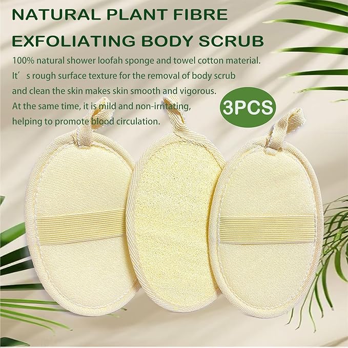 (3 PCS) Natural Loofah Sponge Exfoliating Body Scrubber,Made with Eco-Friendly and Biodegradable Shower Luffa Sponge, Loofah for Women and Men,with Rust-Proof Hook, Beige,11x16cm