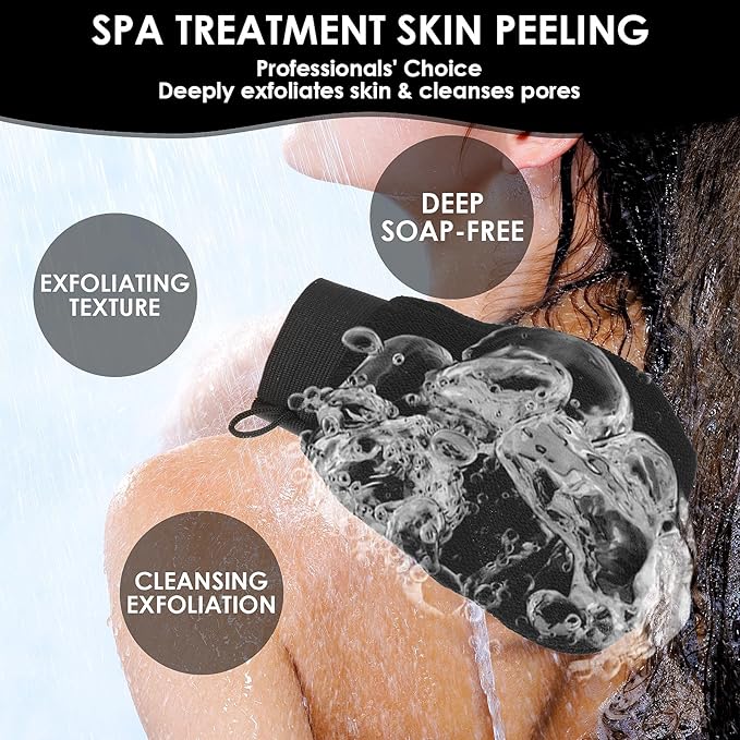 Exfoliating Glove Body Scrubber Exfoliator 1 PC Korean Washcloth Skincare Remover Deep Scrub Loofah Cleansing Mitts Exfoliate Cloth Exfoliation Scrubbing Bath Shower Soap Sponge Hand Towel (Black)
