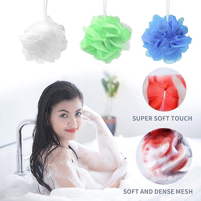 Star Brand Long Lasting Bath Sponge 6 Counts | 60g Heavy Bath Mesh Pouf with Suction Cup | Big Shower Sponge and Loofahs | Holding Up Bathing Exfoliator and Body Scrubber