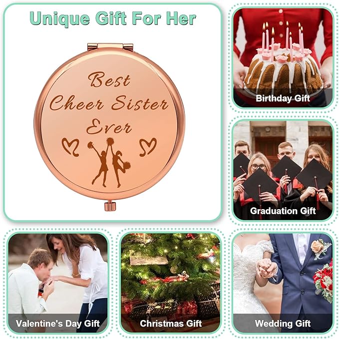 Cheer Gifts for Girls Sister Friendship Gift Rose Gold Compact Mirror for Cheer Team Cheerleader Cheerleading Gifts for Cheer Friend Folding Makeup Mirror for Cheer Sister Birthday Retirement Gifts