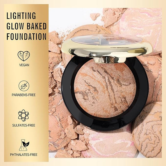 KIMUSE Baked Foundation, Brighten Color Correcting Powder Foundation, Lighting Glow Baked Foundation for Mature Skin, Buildable Coverage, Radiant Natural Finish