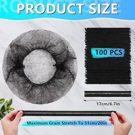 100 Pieces Non-Woven Hair Nets,Disposable Bouffant Caps,20 Inch Elastic Head Cover,Black Disposable Hair Nets,Hair Net for Food Service,Beauty Salon Cosmetics Spa Men & Women(Black)
