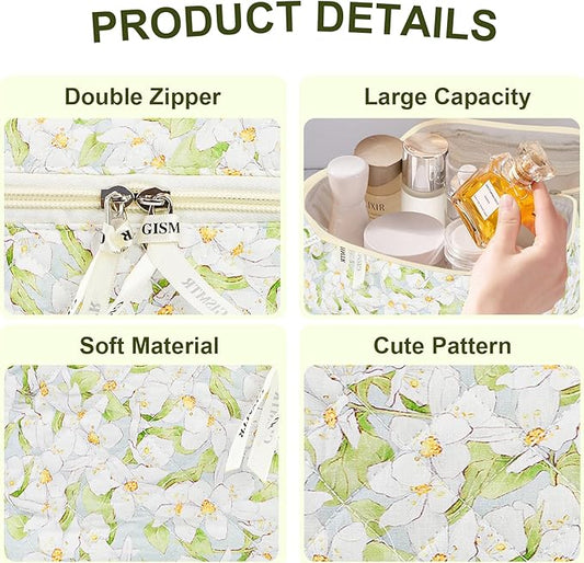 4Pcs Quilted Makeup Bag Set Cute Floral Cosmetic Bag Cotton Coquette Make up Bag Aesthetic Travel Toiletry Bag for Women Girls