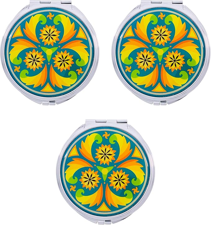 Stephanie Imports Set of 3 Double Sided Magnifying Compact Slim Mirrors with Printed Insert (Circle - Psychedelic Turquoise)