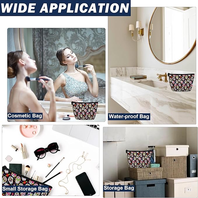 Makeup Bag Day of the Dead Sugar Skull Cosmetic Bag for Women, Waterproof Large Capacity Travel Organizer 9.5×5.9 Inch