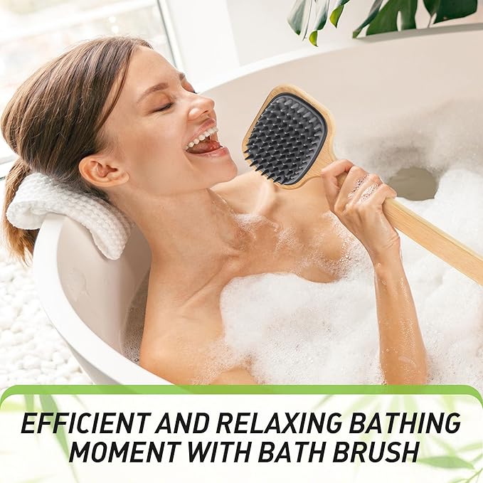 Back Brush for Shower, 16.92'' Dual-Sided Silicone Bristles Shower Scrubber for Body, Thickening Bamboo Handle, Wall Mounted, Wet or Dry Use for Bath, Massage, Itch Relief, Personal Care Gift