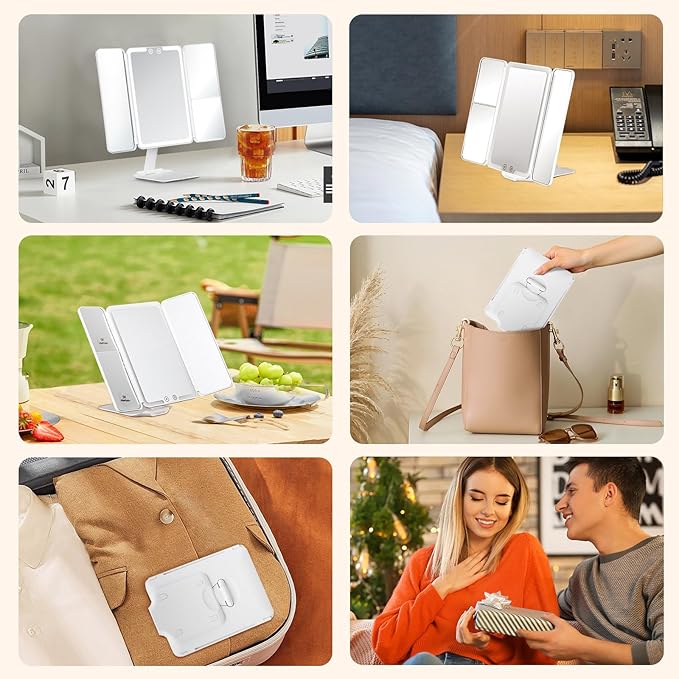 Travel Makeup Mirror, Rechargeable 1X/3X/5X Magnifying Trifold Makeup Mirror with Lights, 3 Color Lights, Touch Control Lighted Vanity Compact Mirror with Foldable Stand, White
