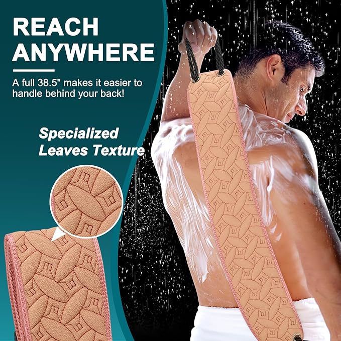 Exfoliating Back Scrubber for Use in Shower, 38.5 Inch Back Washer with Handles, Dual-Sided Body Exfoliator for Daily & Deep Skin Cleaning, Bath Back Scrub Washcloth for Men & Women (Pink)