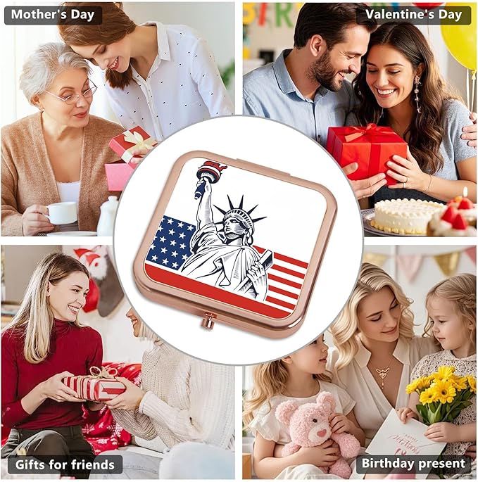 Small Compact Mirror, Rosegold Square 2.8”×2.8” DropRubber Style Double Sided Mini Magnifying 1X/2X Mirror for Purse Can be Used as Gifts for Woman (LadyLiberty)